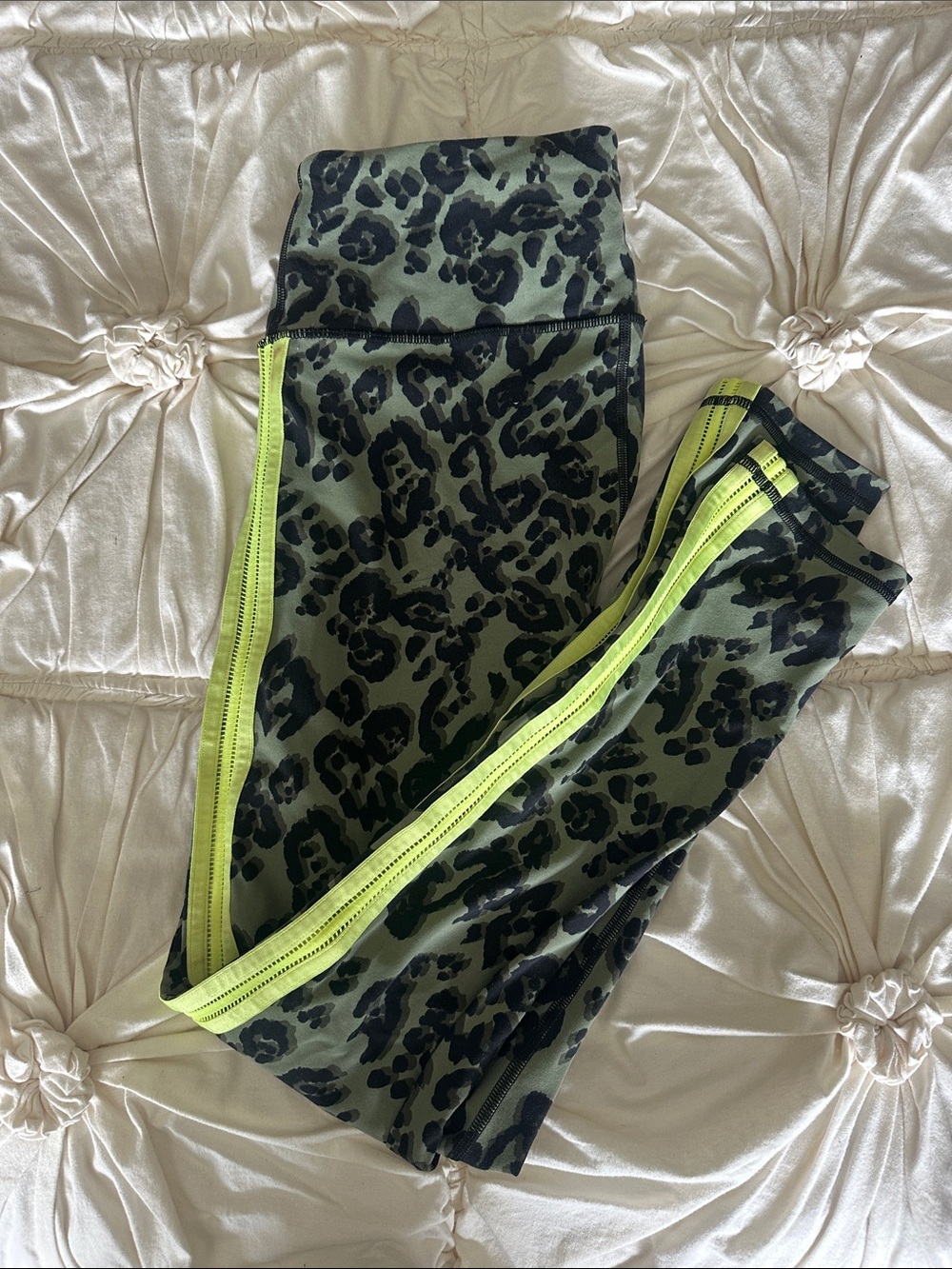 Victoria's Secret Olive Green Leopard High-Waist Leggings with Neon Yellow Trim